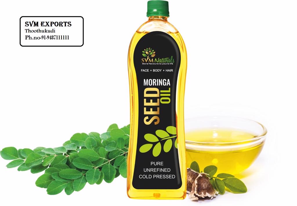 Product image -    Our SVM Exports Organic Moringa Ben Oil extract the 100% pure cold pressed oil from the good quality moringa seeds. Its odorless and transparent oil that is widely used in cosmetic industries and pharmaceutical industries
Moringa oil is the most stable oil in nature and it does not go rancid. 
High content of oleic acid and is easily penetrates into skin layers that maintains skin texture
Available Packing
100ml o